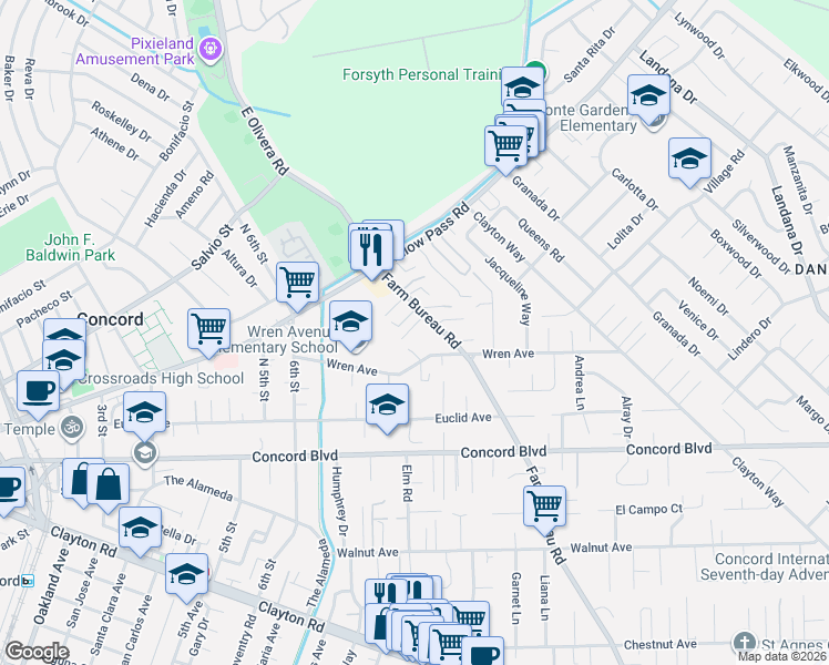 map of restaurants, bars, coffee shops, grocery stores, and more near 3444 Misty Lane in Concord