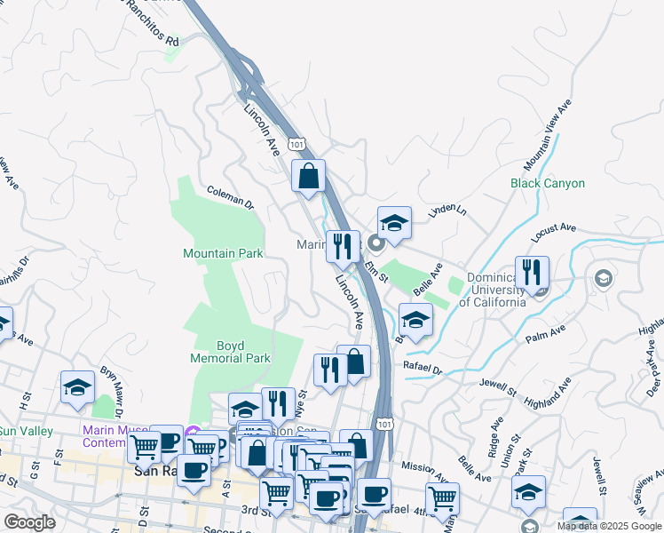 map of restaurants, bars, coffee shops, grocery stores, and more near 1516 Lincoln Avenue in San Rafael