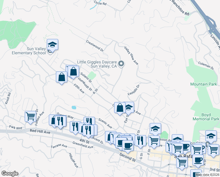 map of restaurants, bars, coffee shops, grocery stores, and more near 366 Forbes Avenue in San Rafael