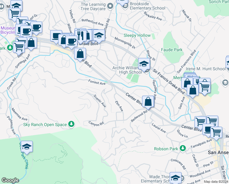 map of restaurants, bars, coffee shops, grocery stores, and more near 23 Humboldt Avenue in San Anselmo