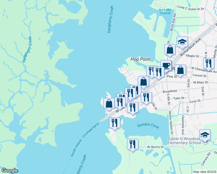 map of restaurants, bars, coffee shops, grocery stores, and more near in Crisfield