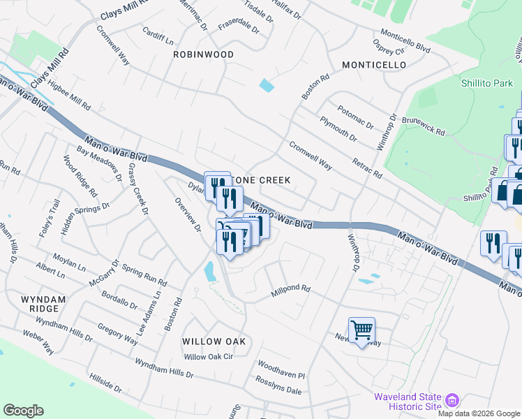 map of restaurants, bars, coffee shops, grocery stores, and more near 2522 Man o' War Boulevard in Lexington