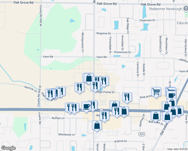map of restaurants, bars, coffee shops, grocery stores, and more near 3633 Bell Road in Newburgh