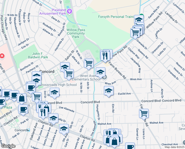 map of restaurants, bars, coffee shops, grocery stores, and more near 3217 David Court in Concord