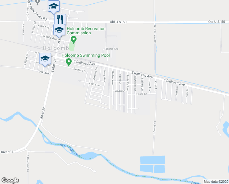 map of restaurants, bars, coffee shops, grocery stores, and more near 601 Laura Lane in Holcomb