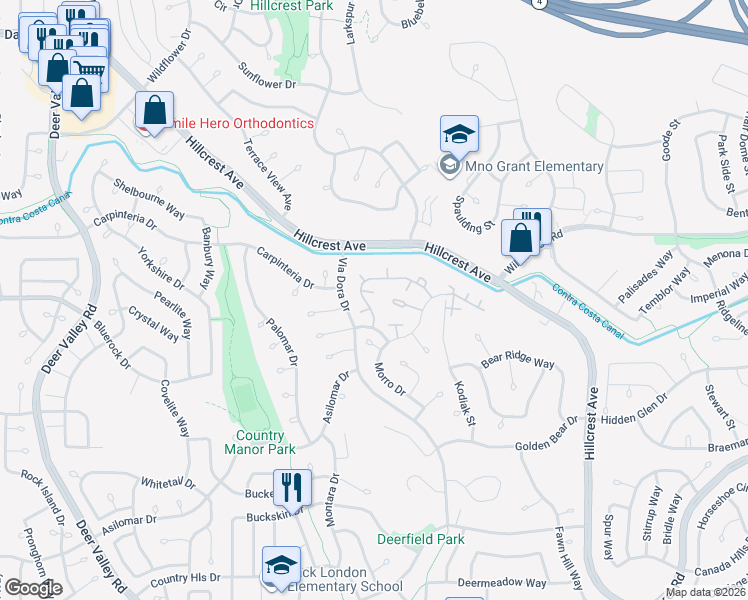 map of restaurants, bars, coffee shops, grocery stores, and more near 2726 Winding Lane in Antioch