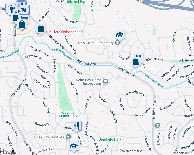 map of restaurants, bars, coffee shops, grocery stores, and more near 2726 Winding Lane in Antioch