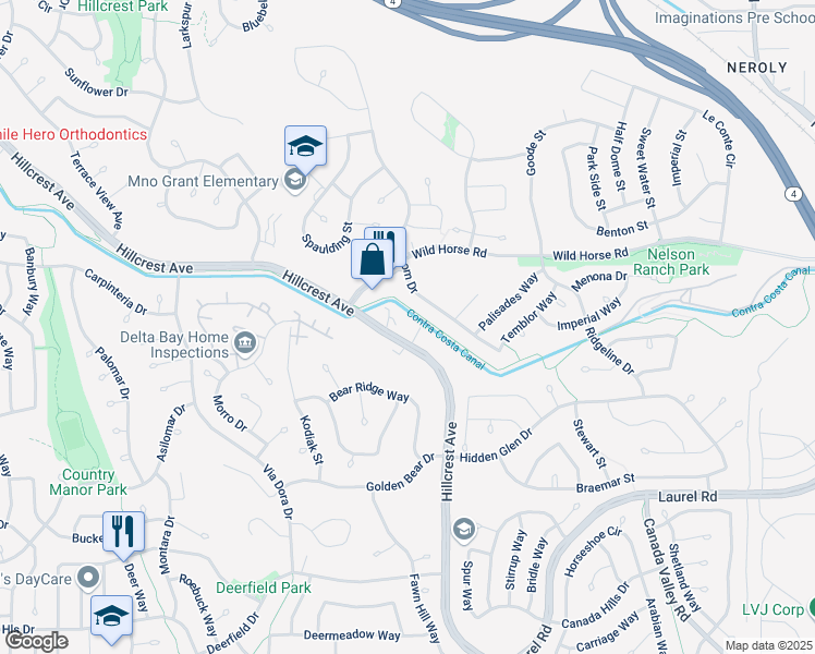 map of restaurants, bars, coffee shops, grocery stores, and more near 4315 Hillcrest Ave in Antioch