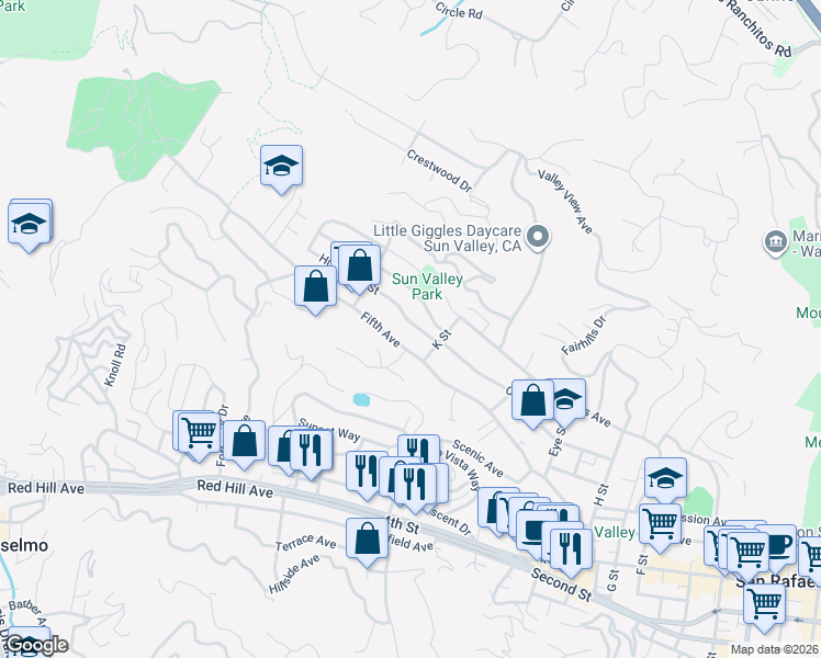 map of restaurants, bars, coffee shops, grocery stores, and more near 131 Humboldt Street in San Rafael