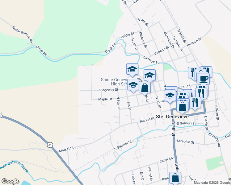 map of restaurants, bars, coffee shops, grocery stores, and more near 930 Ridgeway Street in Ste. Genevieve