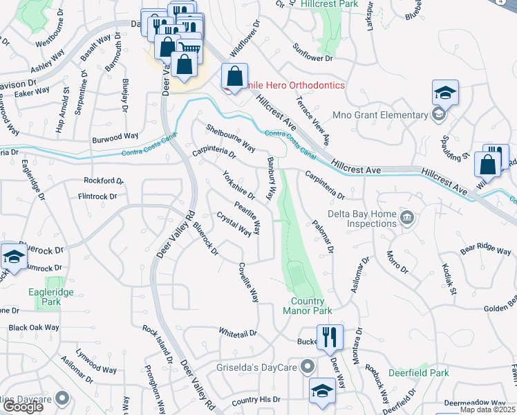 map of restaurants, bars, coffee shops, grocery stores, and more near 2516 Yorkshire Drive in Antioch