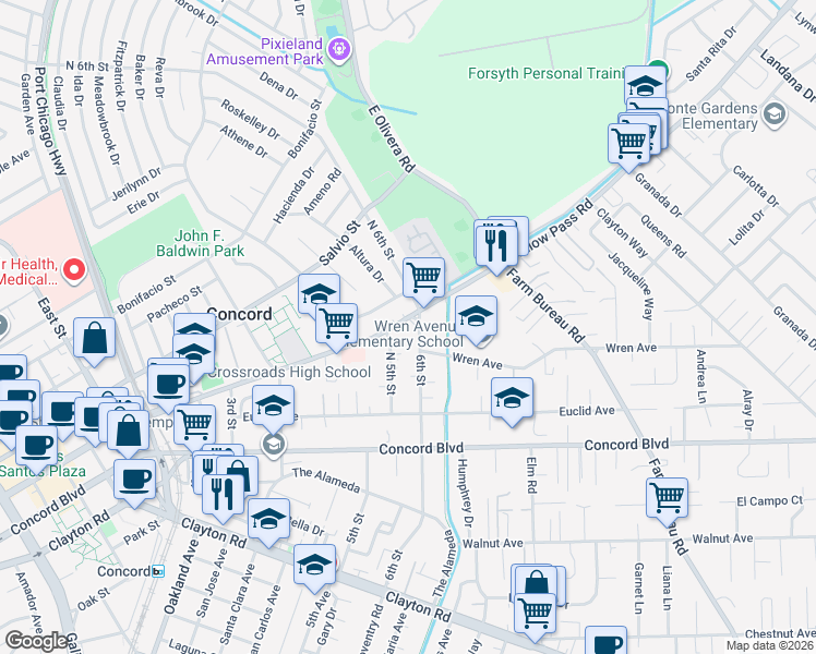 map of restaurants, bars, coffee shops, grocery stores, and more near 3180 Willow Pass Road in Concord