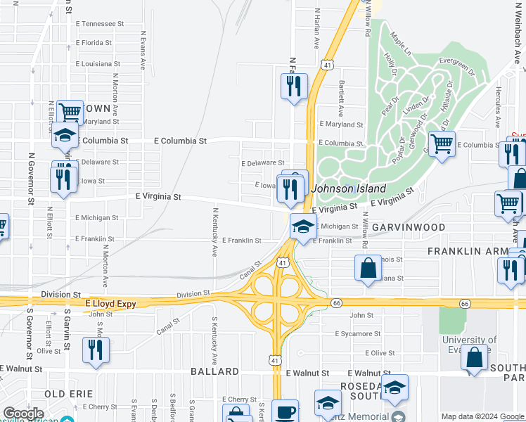map of restaurants, bars, coffee shops, grocery stores, and more near 1125 East Virginia Street in Evansville