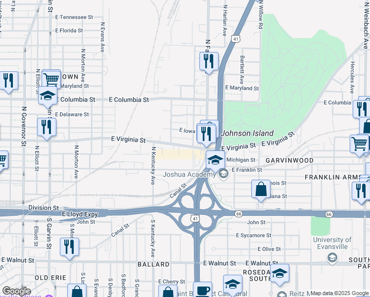 map of restaurants, bars, coffee shops, grocery stores, and more near 1123 East Virginia Street in Evansville