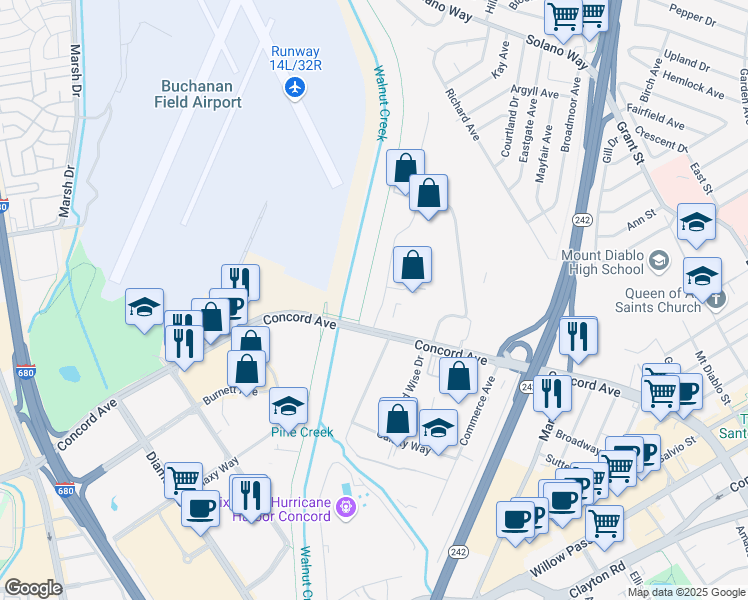 map of restaurants, bars, coffee shops, grocery stores, and more near 2341 Stanwell Drive in Concord