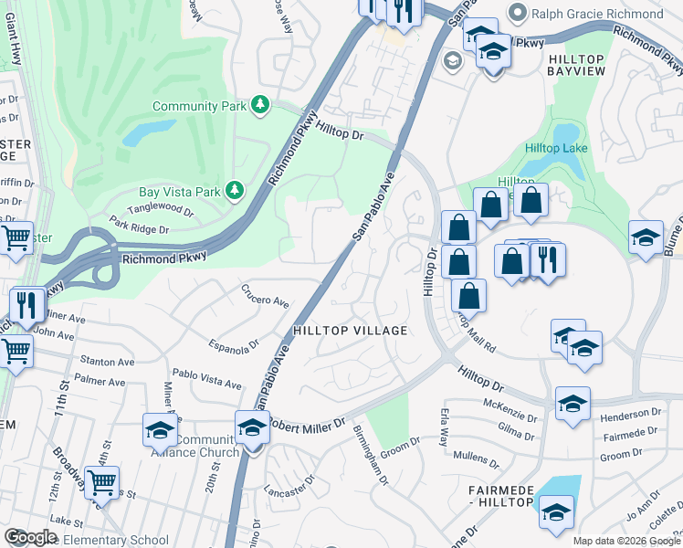 map of restaurants, bars, coffee shops, grocery stores, and more near 2521 Morning Sun Drive in San Pablo