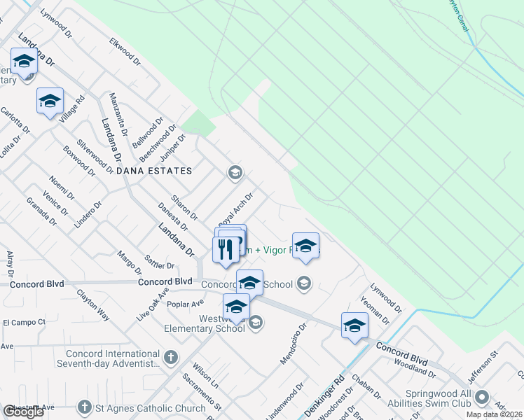 map of restaurants, bars, coffee shops, grocery stores, and more near 3984 Mulberry Drive in Concord
