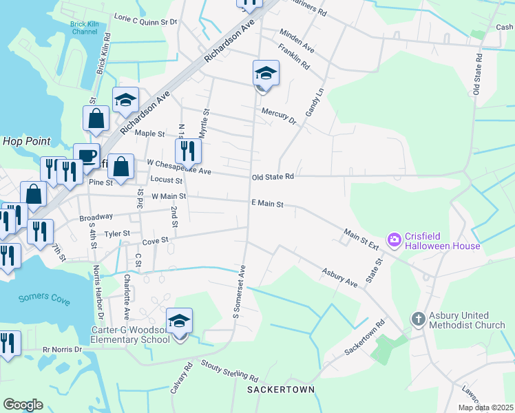 map of restaurants, bars, coffee shops, grocery stores, and more near 1 South Somerset Avenue in Crisfield