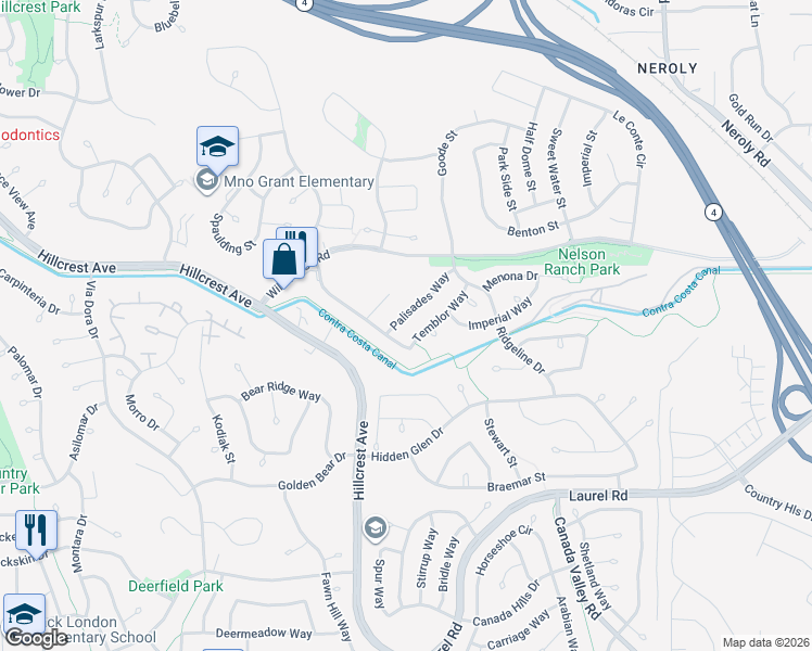 map of restaurants, bars, coffee shops, grocery stores, and more near 4414 Palisades Way in Antioch