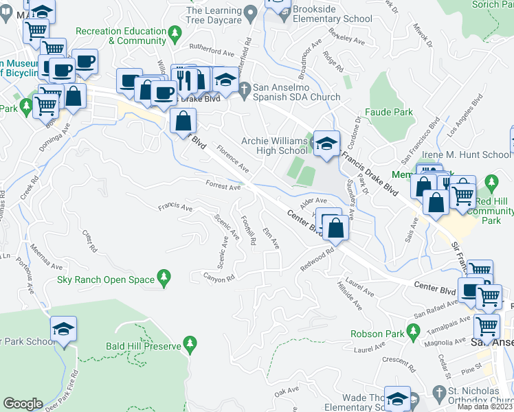 map of restaurants, bars, coffee shops, grocery stores, and more near 23 Humboldt Avenue in San Anselmo