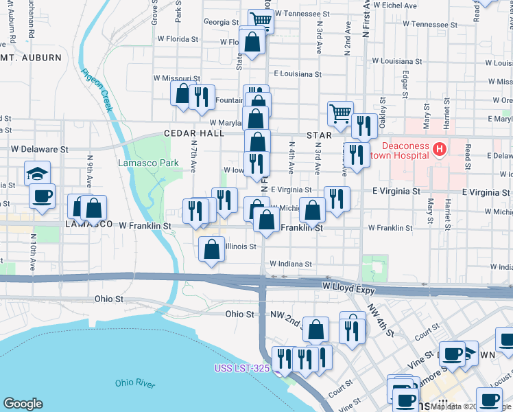 map of restaurants, bars, coffee shops, grocery stores, and more near 410 North Fulton Avenue in Evansville