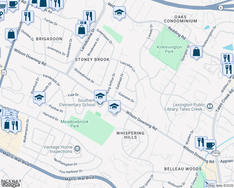 map of restaurants, bars, coffee shops, grocery stores, and more near 3568 Galahad Drive in Lexington