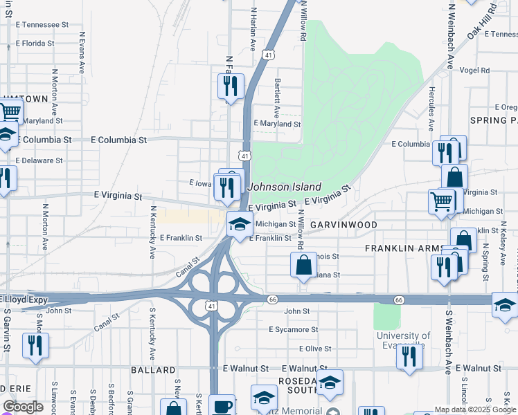 map of restaurants, bars, coffee shops, grocery stores, and more near 1400 East Virginia Street in Evansville