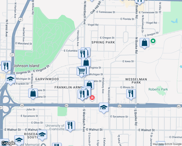 map of restaurants, bars, coffee shops, grocery stores, and more near 2006 East Michigan Street in Evansville