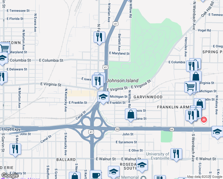 map of restaurants, bars, coffee shops, grocery stores, and more near 1400 East Virginia Street in Evansville