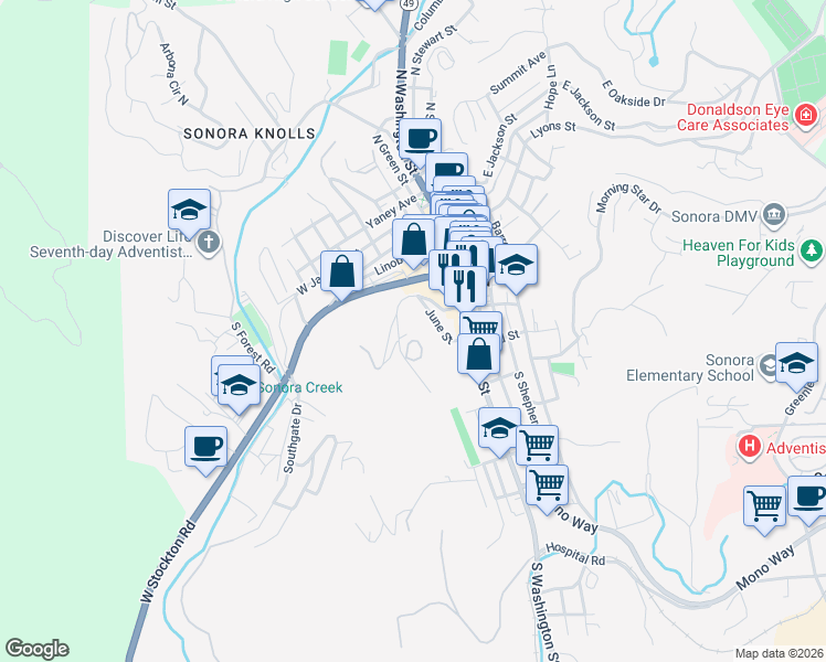 map of restaurants, bars, coffee shops, grocery stores, and more near 247 Knowles Hill Drive in Sonora