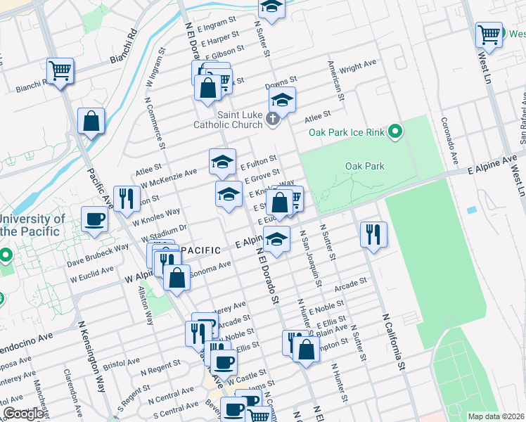 map of restaurants, bars, coffee shops, grocery stores, and more near 136 East Stadium Drive in Stockton