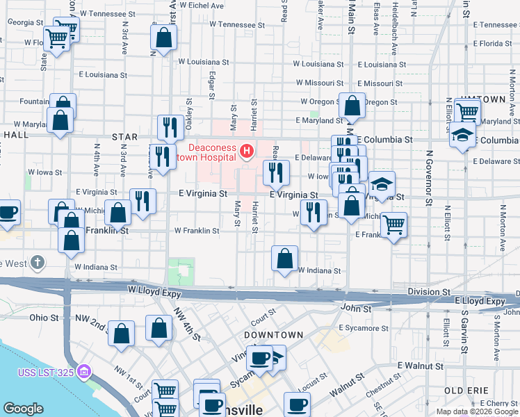 map of restaurants, bars, coffee shops, grocery stores, and more near 409 Harriet Street in Evansville