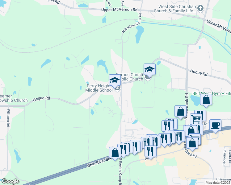 map of restaurants, bars, coffee shops, grocery stores, and more near 5800 Hogue Road in Evansville