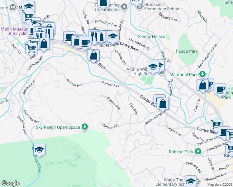 map of restaurants, bars, coffee shops, grocery stores, and more near Humboldt Ave & Deer Park Ln in San Anselmo
