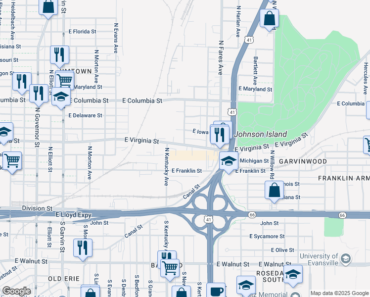 map of restaurants, bars, coffee shops, grocery stores, and more near 1101 East Virginia Street in Evansville