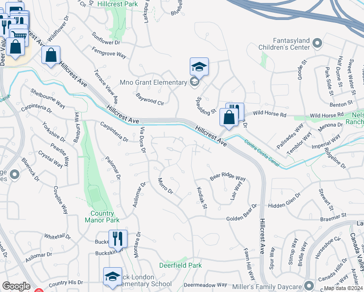 map of restaurants, bars, coffee shops, grocery stores, and more near 2948 Winding Lane in Antioch