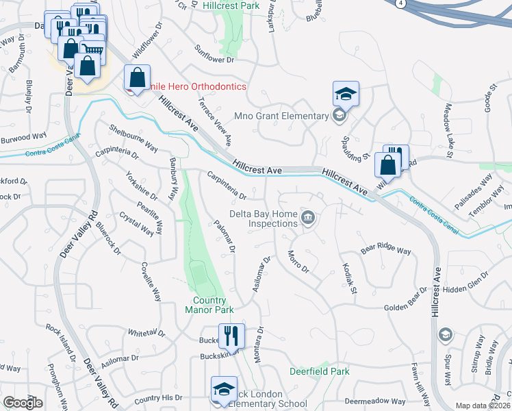map of restaurants, bars, coffee shops, grocery stores, and more near 2728 Carpinteria Drive in Antioch