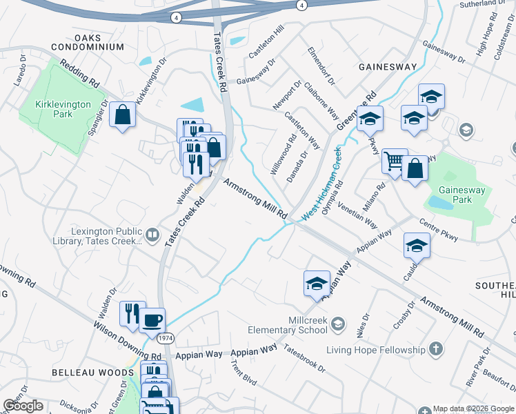 map of restaurants, bars, coffee shops, grocery stores, and more near 1076 Armstrong Mill Road in Lexington