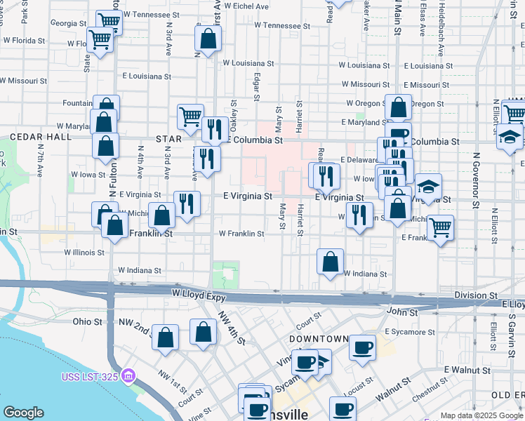 map of restaurants, bars, coffee shops, grocery stores, and more near 409 Edgar Street in Evansville