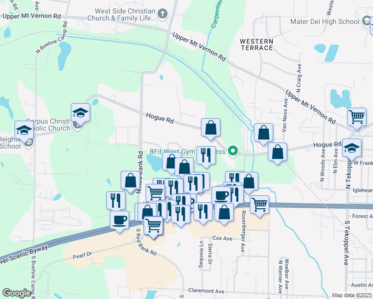 map of restaurants, bars, coffee shops, grocery stores, and more near 4713 Rolling Ridge Drive in Evansville