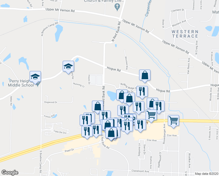 map of restaurants, bars, coffee shops, grocery stores, and more near 4951 Lakeside Court in Evansville