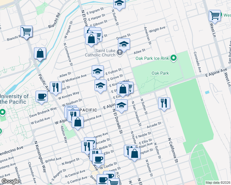 map of restaurants, bars, coffee shops, grocery stores, and more near 136 East Stadium Drive in Stockton