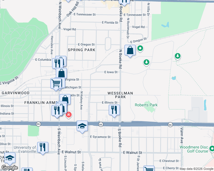 map of restaurants, bars, coffee shops, grocery stores, and more near 2304 East Michigan Street in Evansville