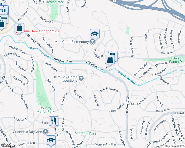 map of restaurants, bars, coffee shops, grocery stores, and more near 3001 Morro Drive in Antioch