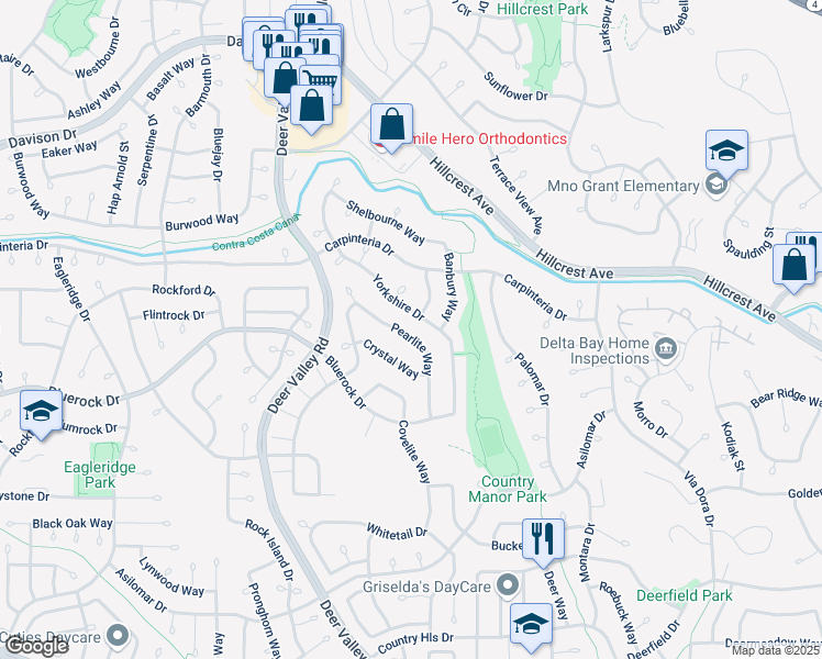 map of restaurants, bars, coffee shops, grocery stores, and more near 2503 Pearlite Way in Antioch