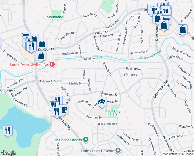 map of restaurants, bars, coffee shops, grocery stores, and more near 3927 Cinnabar Street in Antioch