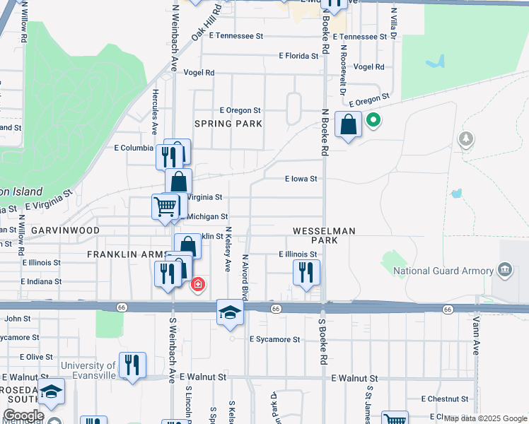 map of restaurants, bars, coffee shops, grocery stores, and more near 2212 East Michigan Street in Evansville