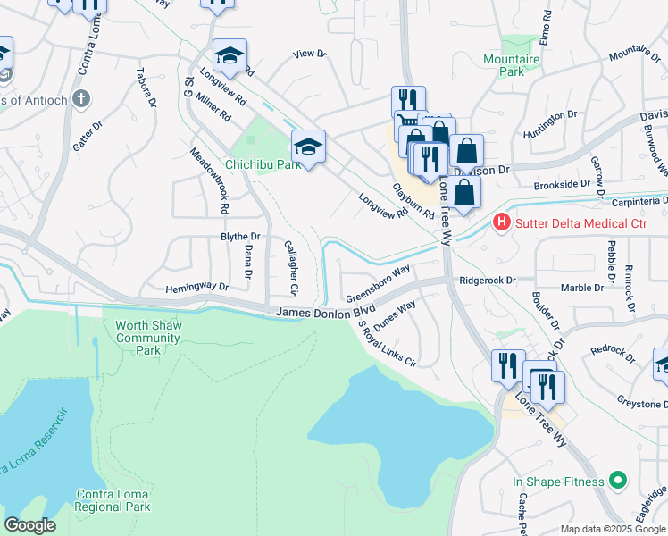 map of restaurants, bars, coffee shops, grocery stores, and more near 14 Doral Way in Antioch