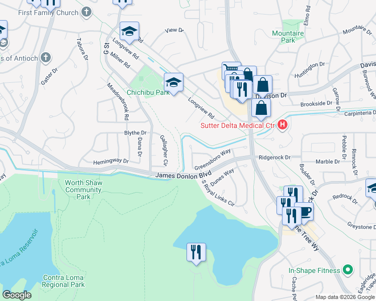 map of restaurants, bars, coffee shops, grocery stores, and more near 14 Doral Way in Antioch