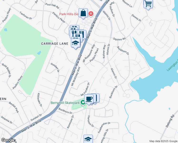 map of restaurants, bars, coffee shops, grocery stores, and more near 1201 Mount Rushmore Way in Lexington